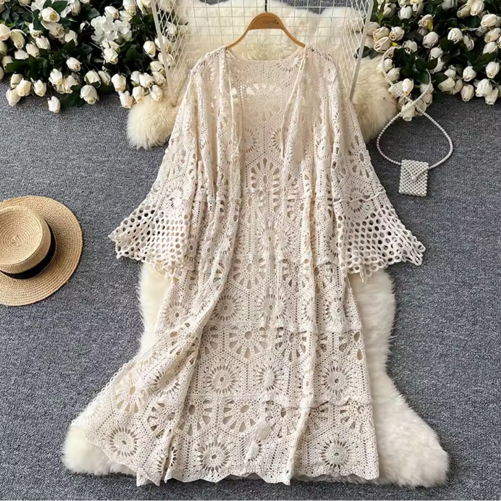 Crochet kimono cardigan boho cream beige Maxi Cardigan